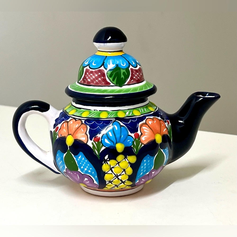 Authentic Puebla Mexico Talavera Clay Art Pottery Miniature Multicolored Teapot